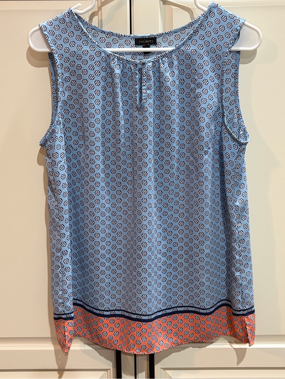 Talbots Blue Printed Sleeveless Top with Coral Trim
